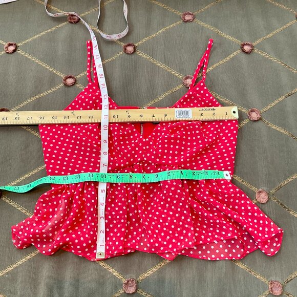 BCBGMAXAZRIA Top Crop Camisole Red White Polka Dot Flowy Peplum (M) - Picture 6 of 6